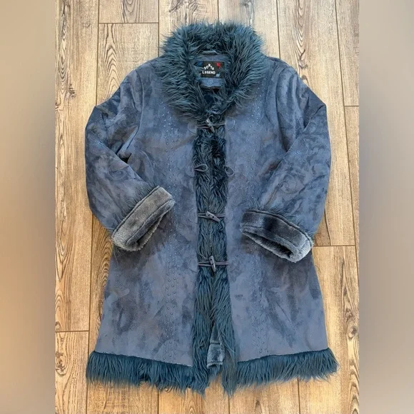 North Legend Faux Shearling Coat Boho Toggle Fur Trim Embroidered - Picture 7 of 14